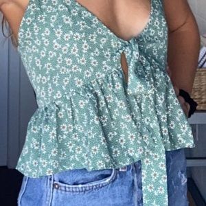 Green Flower Print Tie Tank Top, Brand Zaful, Size Small